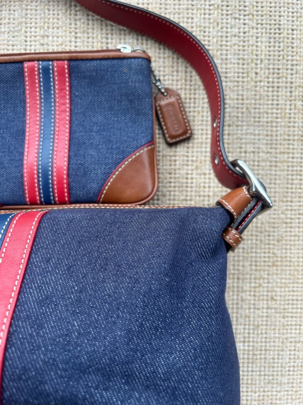 Coach Navy Canvas Shoulder Bag with Red and Pink Stripes - Picture 4 of 11